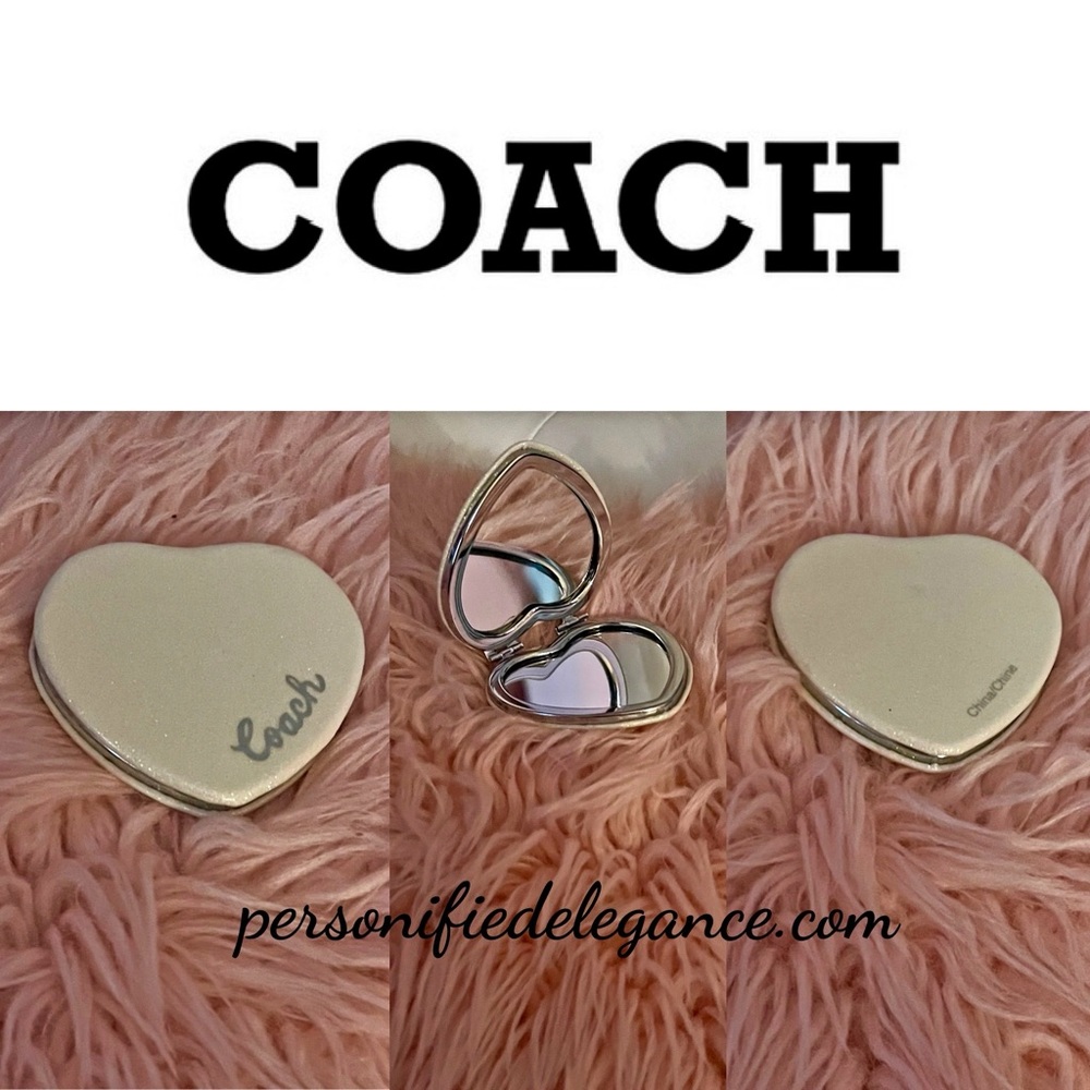 NEW Coach Chalk Silver Glitter Heart Shaped Dual Sided Compact Mirror